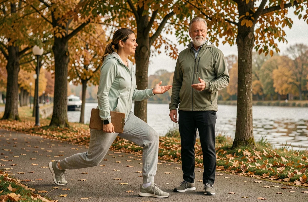 Coach sport santé accompagnant un client lors d'une séance en plein air au bord de l'eau en Seine-Maritime
