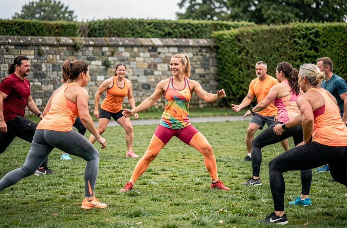 Coach sportive polyvalente du département 76 animant une séance de boot camp en extérieur pour un groupe mixte