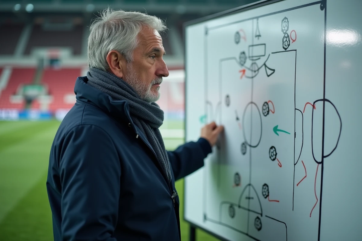 Entraîneur italien analysant une stratégie sur tableau blanc