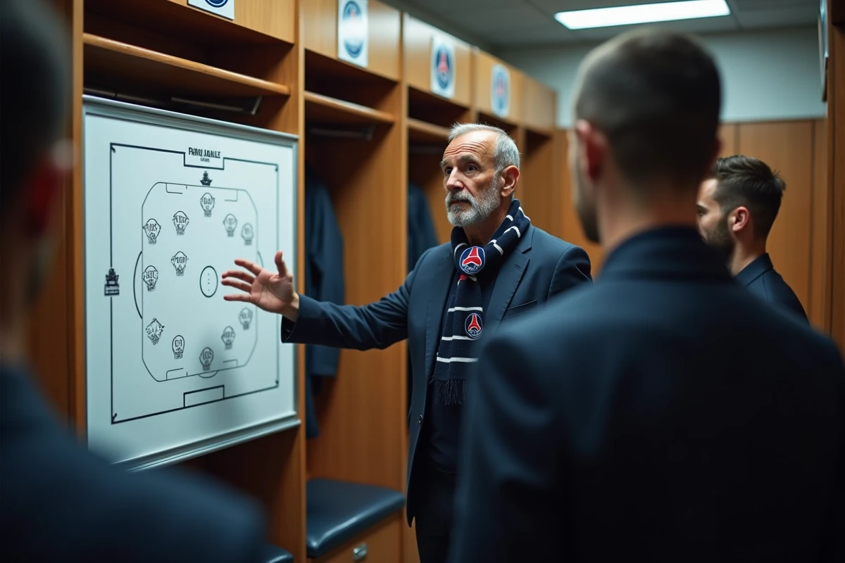 Entraineur PSG expliquant une tactique dans le vestiaire