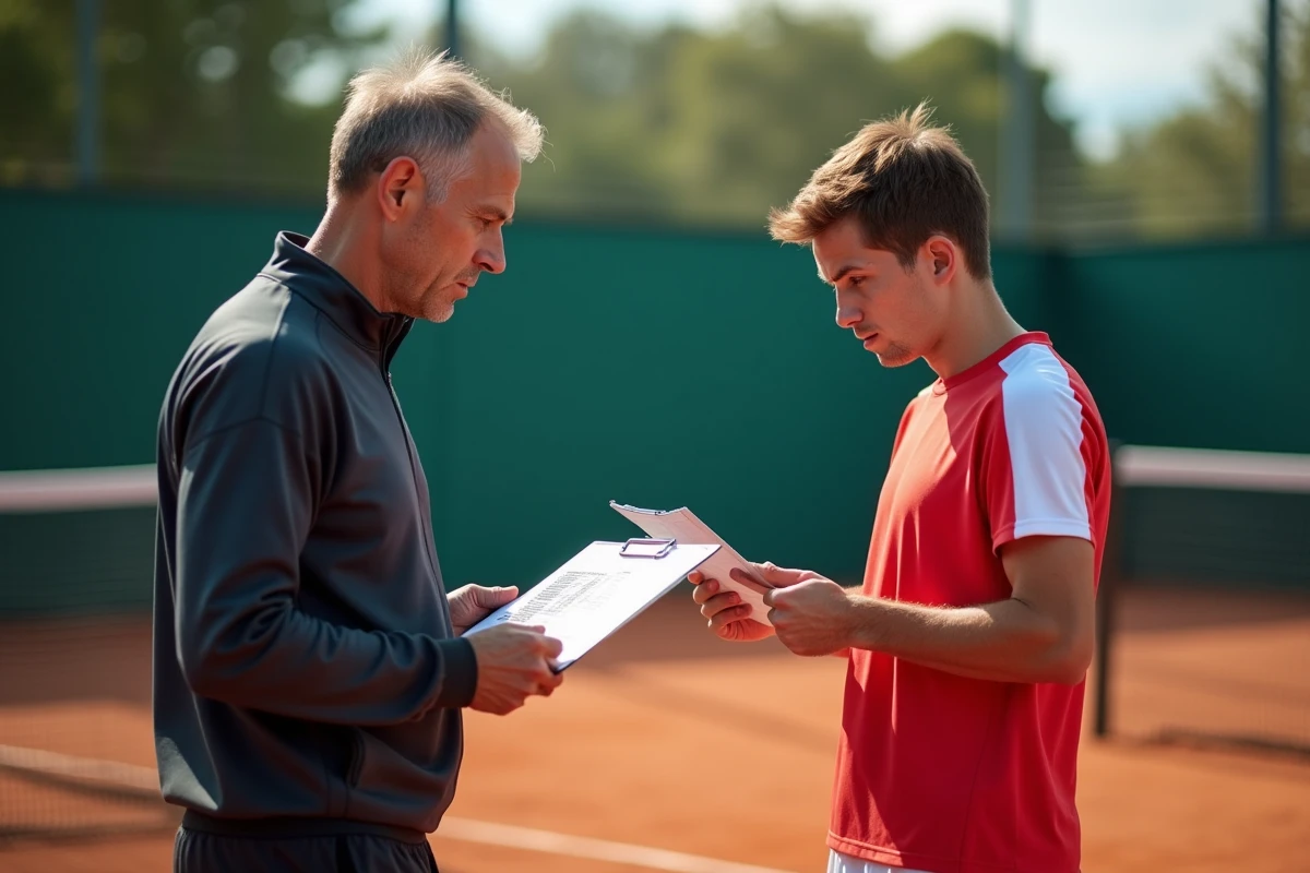 Entraîneur de tennis et joueur analysant les statistiques d'un match sur un court en terre battue