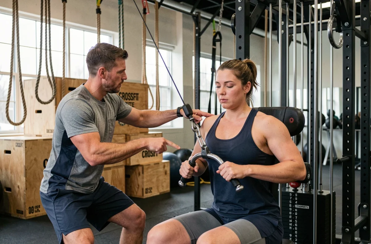 Coach de CrossFit corrigeant la technique de tirage poulie dos d'un athlète en salle