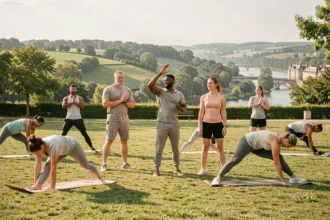 Groupe de coachs sportifs et leurs clients s'entraînant en plein air dans un parc de Seine-Maritime