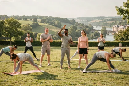 Groupe de coachs sportifs et leurs clients s'entraînant en plein air dans un parc de Seine-Maritime