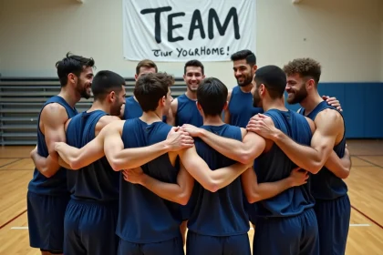 Groupe d'adultes en maillots assortis formant un cercle solidaire dans un gymnase avec une banderole portant le nom de leur équipe