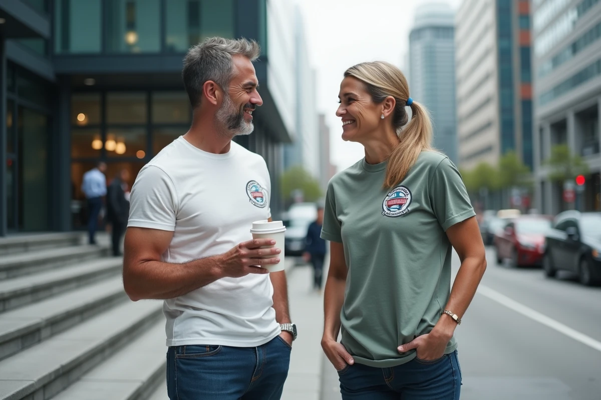 Deux collègues portant des t-shirts aux couleurs de leur équipe échangeant devant un bâtiment d'entreprise moderne en milieu urbain