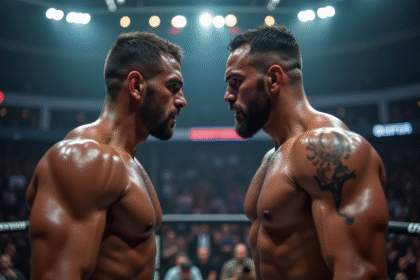 Deux combattants poids lourds UFC face à face dans l'octogone lumineux