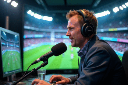 Commentateur rugby dans un studio moderne avec écrans en arrière-plan