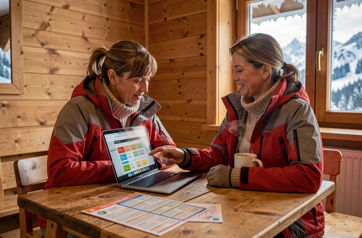 Femme comparant les prix des forfaits ski longue durée sur un ordinateur dans un chalet de Pra Loup