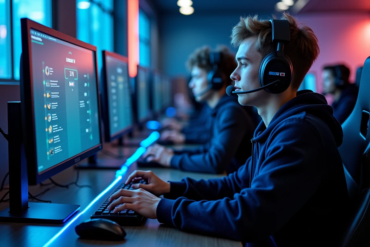 Deux joueurs comparant les rangs League of Legends sur serveurs EUW et NA dans un café esports