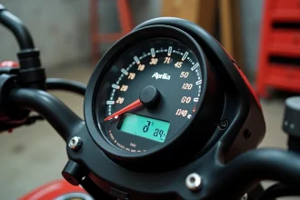 Gros plan sur le compteur de vitesse d'une Aprilia RS 125, aiguille proche du régime maximum, détails du tableau de bord visibles