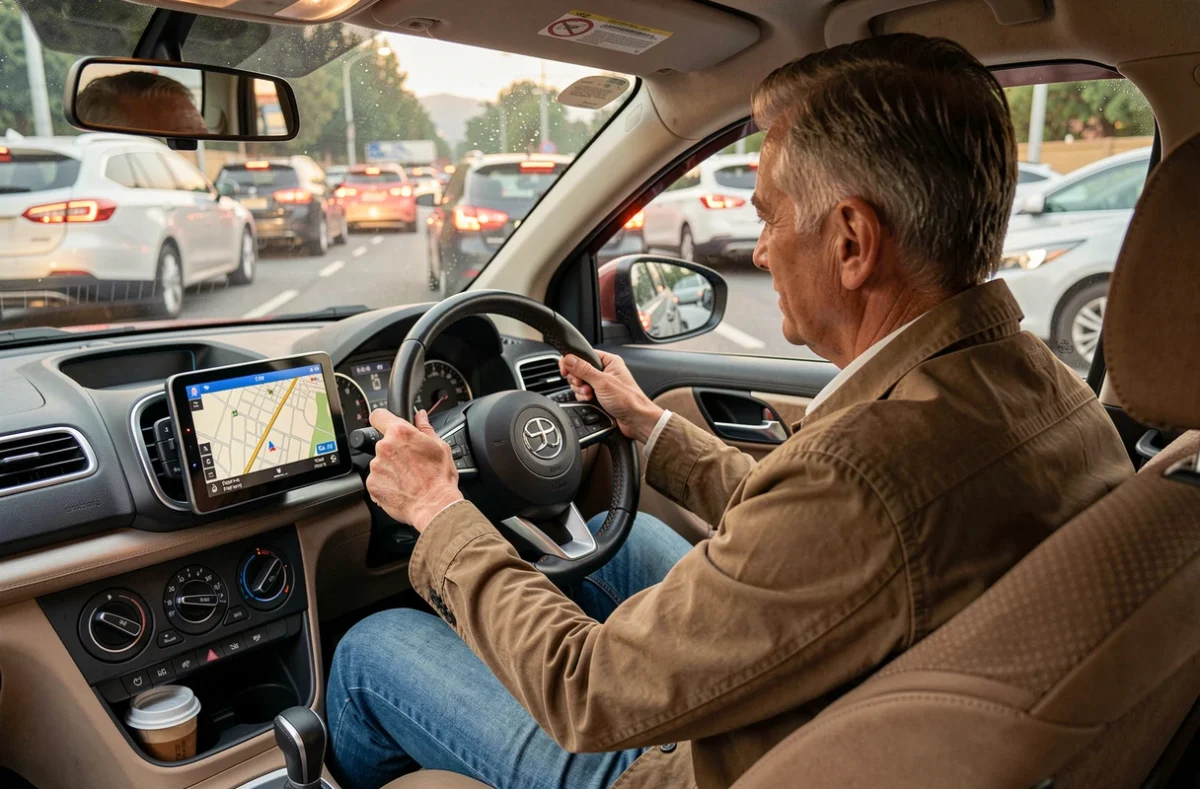 Conducteur consultant son GPS en voiture dans les embouteillages près du Stade Pierre Mauroy