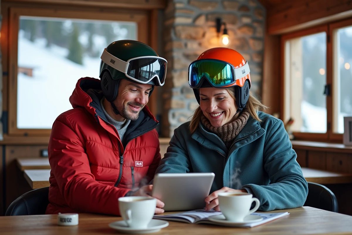 Couple comparant les options de forfait ski dans un chalet de montagne avec brochure tarifaire