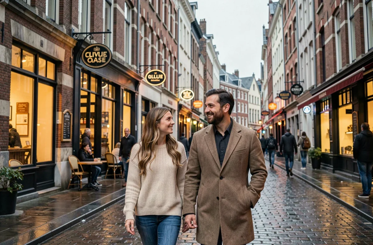 Couple se promenant dans une rue animée du centre-ville de Lille le soir, devant des façades flamandes éclairées et des terrasses de bars