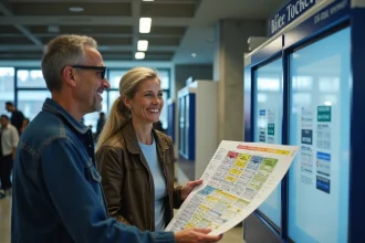 Couple regardant plan de stade dans un guichet