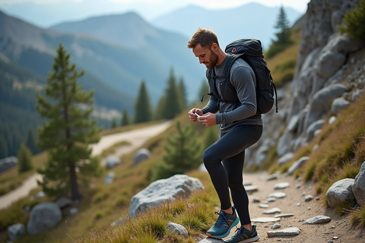 Coureur de trail en montagne vérifiant l'étiquette de son nouveau gilet d'hydratation acheté sur Deporvillage