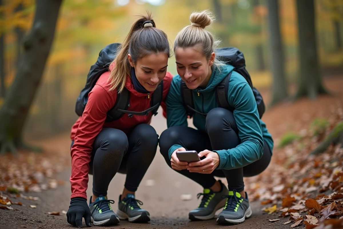 Deux coureurs consultant un calculateur de vitesse kilomètre heure sur smartphone lors d'une pause sur sentier forestier
