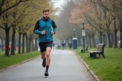 Coureur en marathon dans un parc urbain au matin