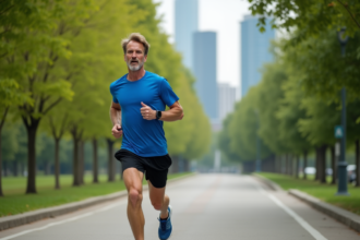 Homme d'âge moyen courant dans un parc urbain verdoyant