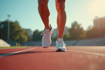 Pieds d'un coureur en pleine foulée sur une piste extérieure