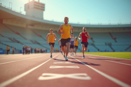 Groupe de coureurs sprintant sur une piste d'athlétisme en plein jour
