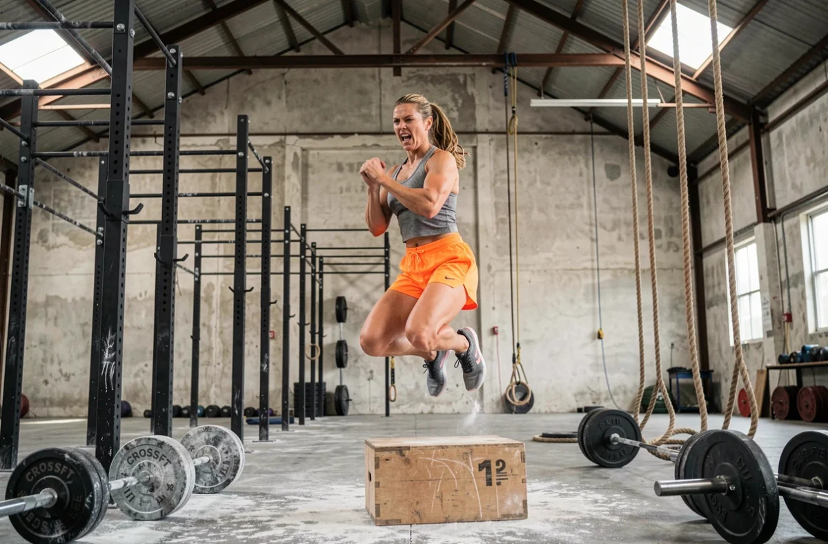 Athlète féminine en plein box jump lors d'un entraînement CrossFit au CrossFit Naya