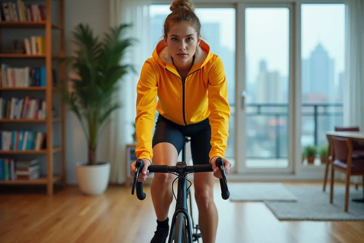 Femme cycliste en intérieur sur vélo d