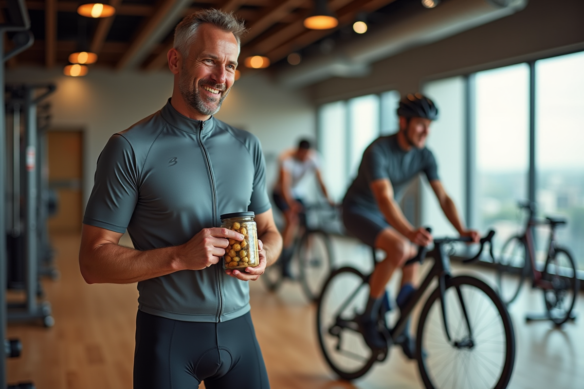 Homme cycliste ouvrant un contenant de fruits secs