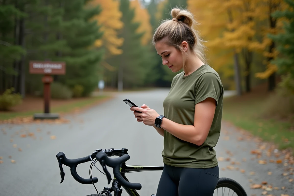 Cycliste femme consultant un tableau de pression pneu VTT 26 pouces sur smartphone avant une sortie en forêt
