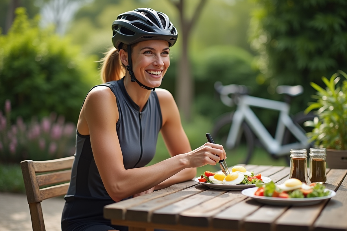 Femme cycliste dégustant un petit déjeuner en plein air