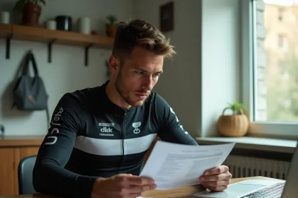 Cycliste professionnel étudiant son contrat salarial à son domicile, illustrant la réalité financière du cyclisme professionnel