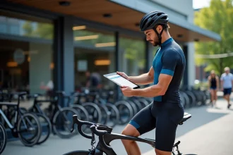 Coureur cycliste homme vérifiant taille vélo avec tablette