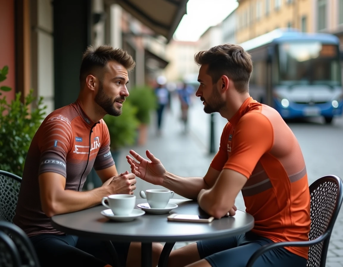 Deux cyclistes professionnels discutant de leur carrière et de leur rémunération en terrasse, illustrant les négociations salariales dans le cyclisme