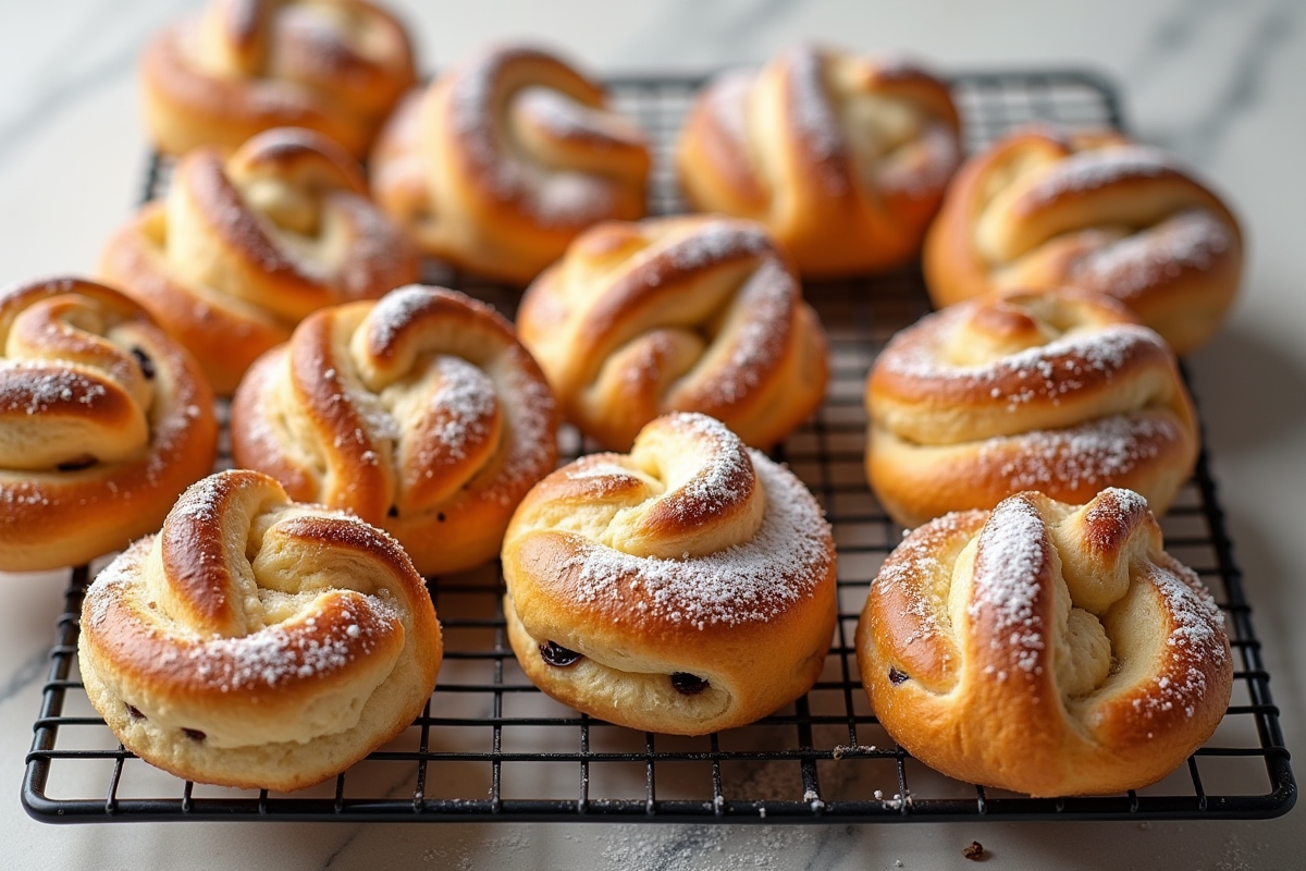 Danoises aux raisins dorés sur grille avec sucre en poudre