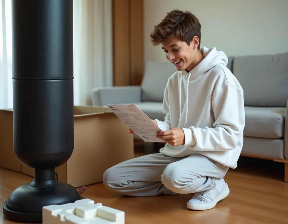 Adolescent déballant une machine à boxe musicale pas chère dans un salon, découverte du produit après achat