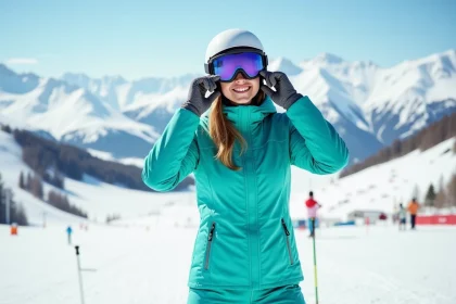 Jeune femme débutante en ski sur le domaine des Deux Alpes, souriante en tenue colorée sur une piste verte enneigée avec vue panoramique sur les Alpes
