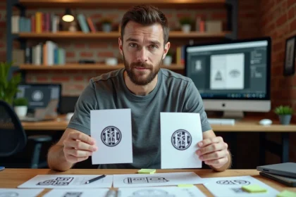 Designer comparant deux esquisses de logo de club de football, analysant la lisibilité et la complexité visuelle