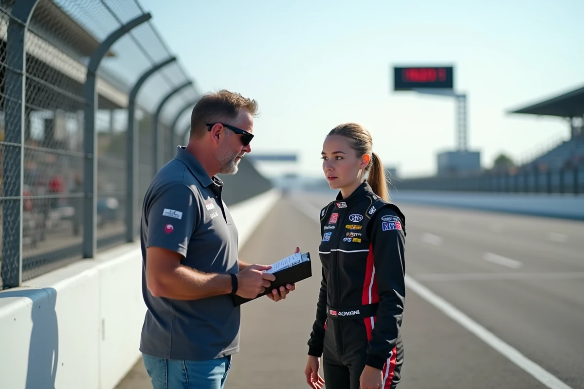 Homme et femme en discussion près de la ligne de départ