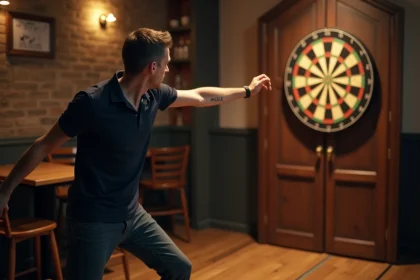 Joueur de fléchettes adulte en position de lancer respectant la distance réglementaire sur une ligne au sol dans un pub traditionnel