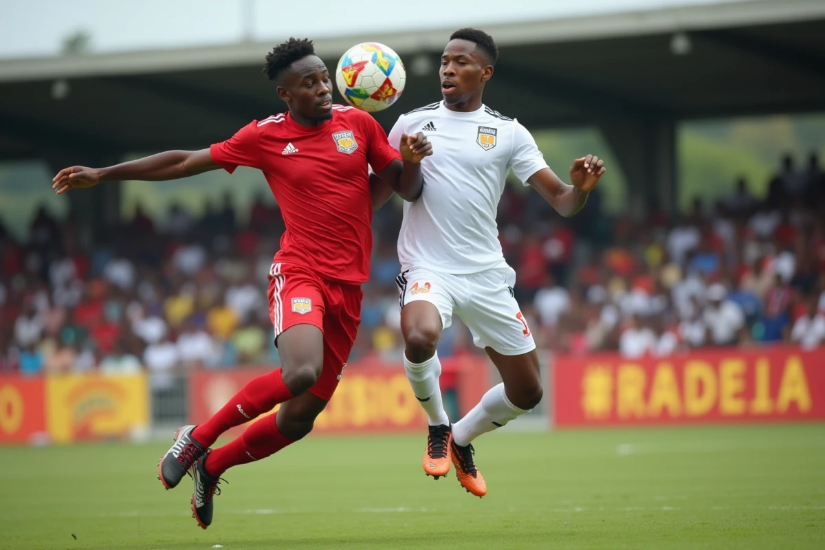Duel aérien entre deux footballeurs congolais lors d'un match de championnat Linafoot