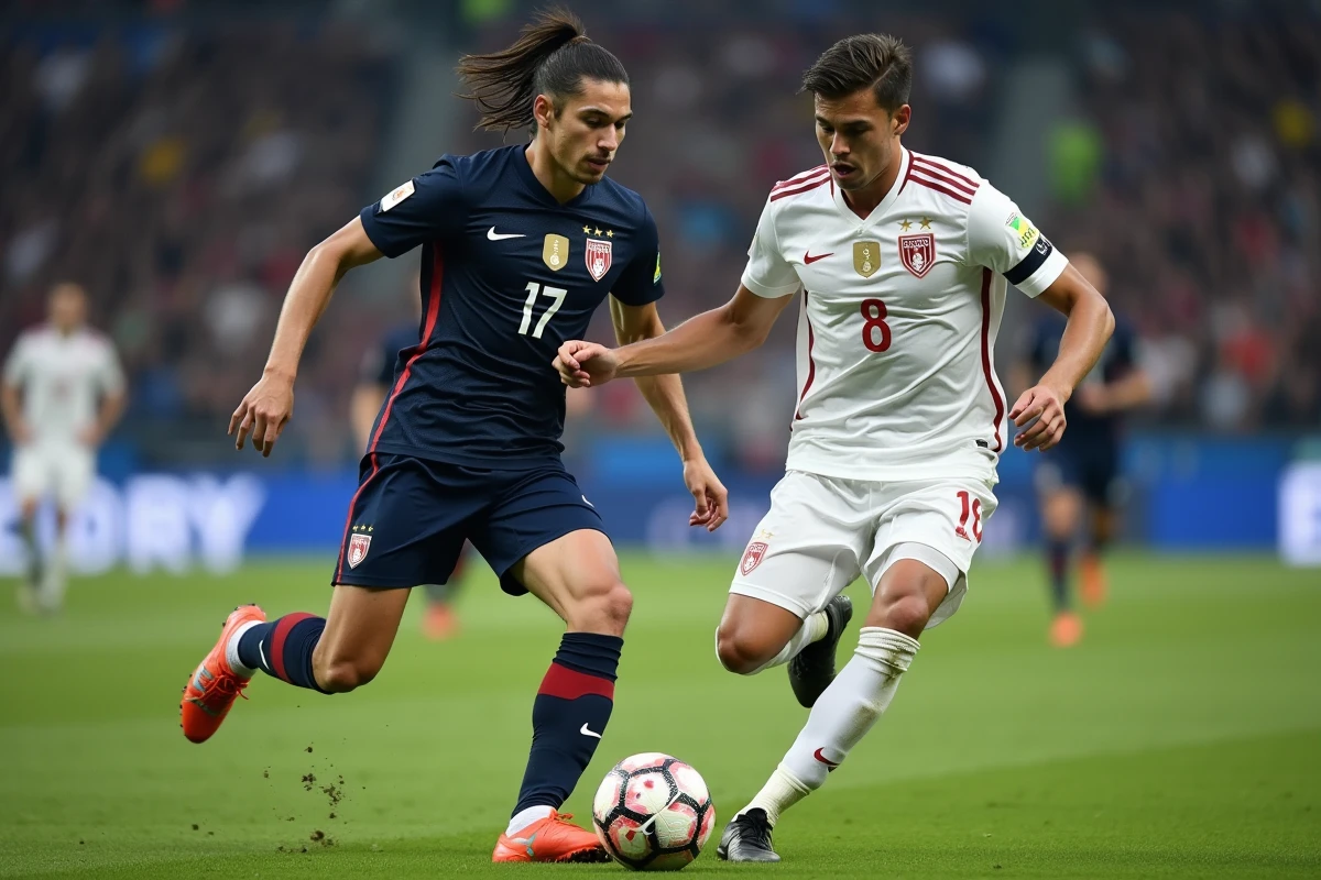 Duel entre joueurs lors d'un match de sélection nationale illustrant la concurrence au haut niveau