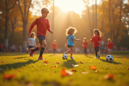 Groupe d'enfants jouant au football en automne lors d'un camp