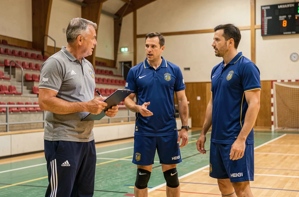Entraîneur de handball expliquant des tactiques à des joueurs adultes dans une salle de sport au Portugal