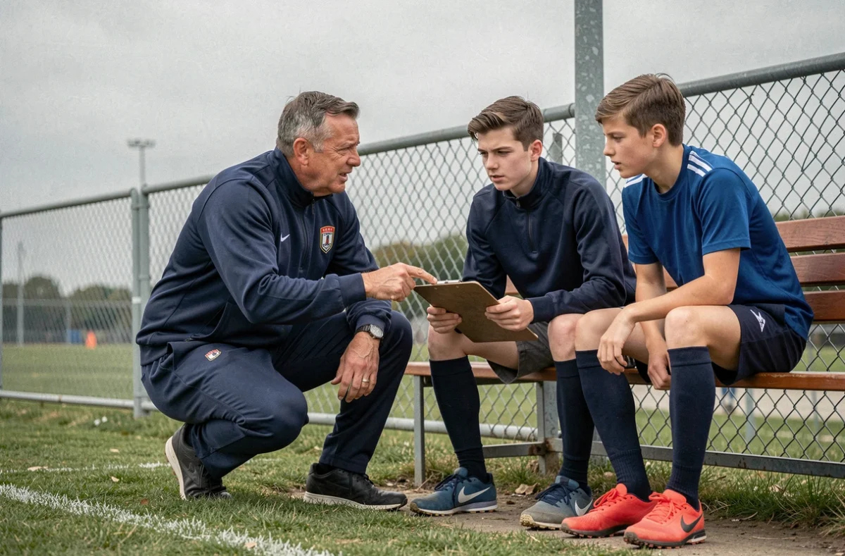 Entraîneur du Comité Drôme Ardèche Football donnant des consignes tactiques à de jeunes joueurs en détection