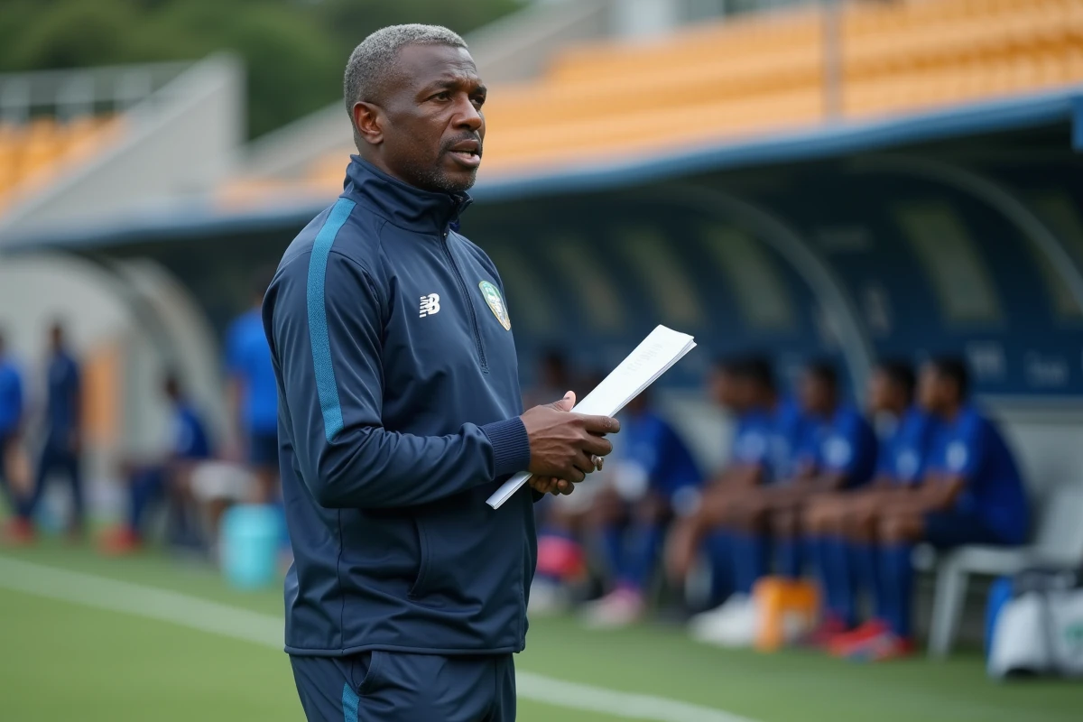 Entraîneur de football congolais donnant des consignes tactiques en bord de terrain en Linafoot