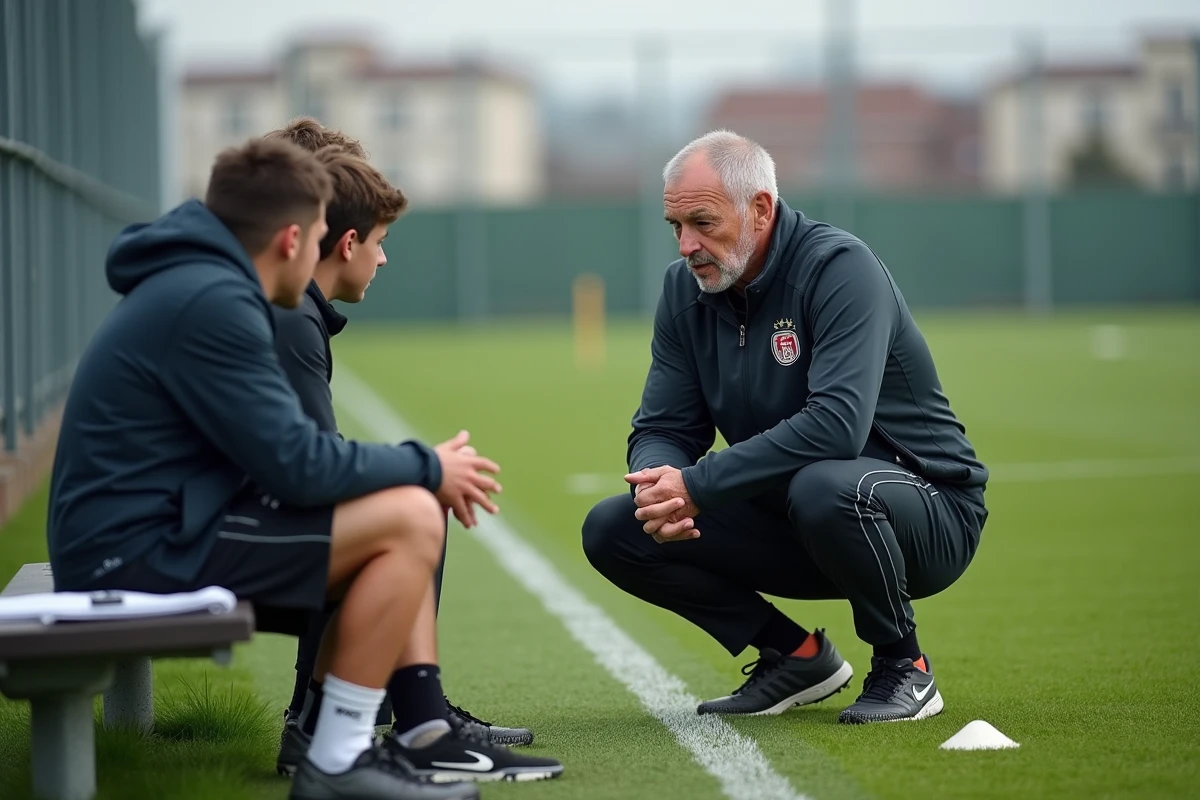 Entraîneur du Sporting Club Aubagne Air Bel donnant des consignes tactiques à ses joueurs en bord de terrain lors d'une séance d'entraînement