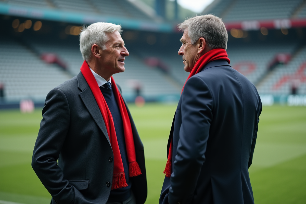 Deux entraîneurs discutant près du terrain de stade