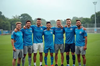 Équipe de football du Sporting Club Aubagne Air Bel posant ensemble sur le terrain après un match, maillots bleu et blanc, ambiance de club amateur authentique