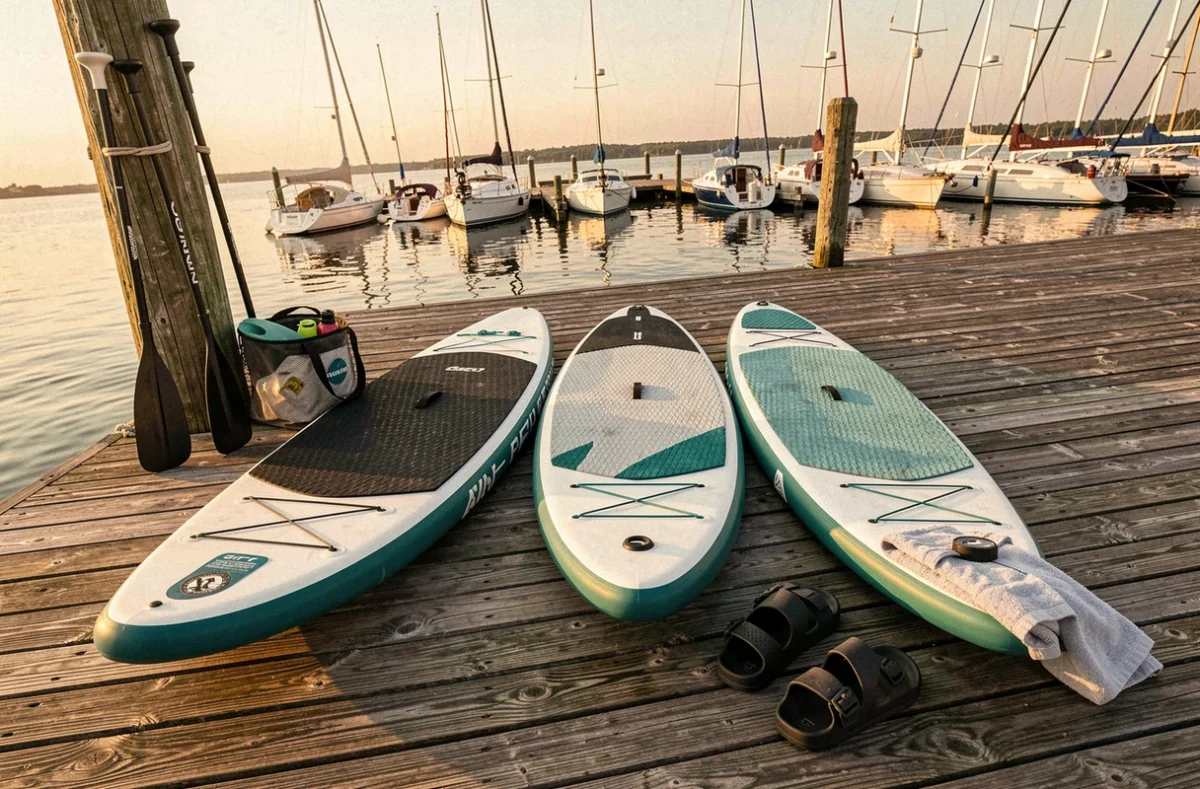 Équipement de stand up paddle posé sur un ponton en bois avec un port de plaisance en arrière-plan