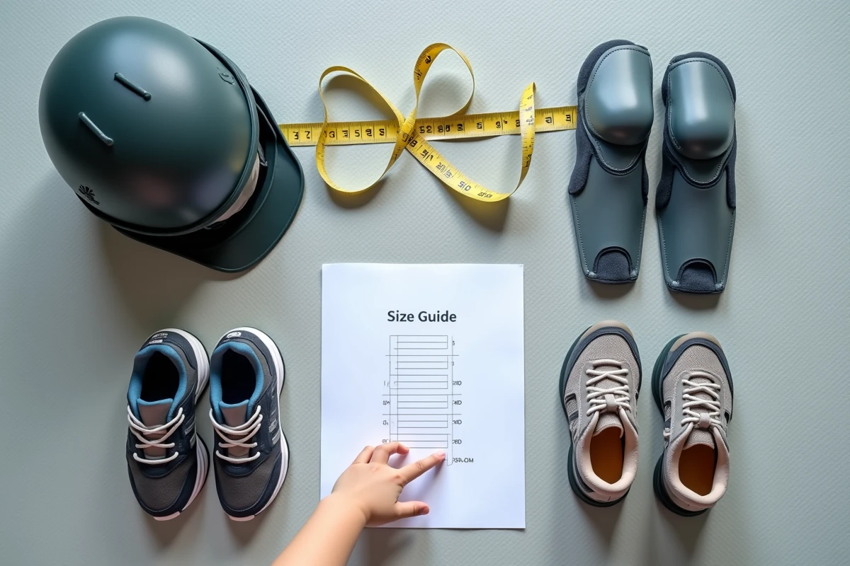 Équipements de sport pour enfant disposés avec guide des tailles, checklist de sécurité et protection sportive jeunesse